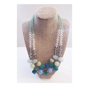 Semiprecious Stone Faceted Glass Bead Necklace Aqua Sea Foam Green Blue Clear